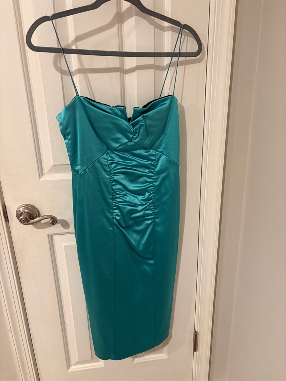 Nicole Miller Teal Satin Ruched Slip Midi Dress